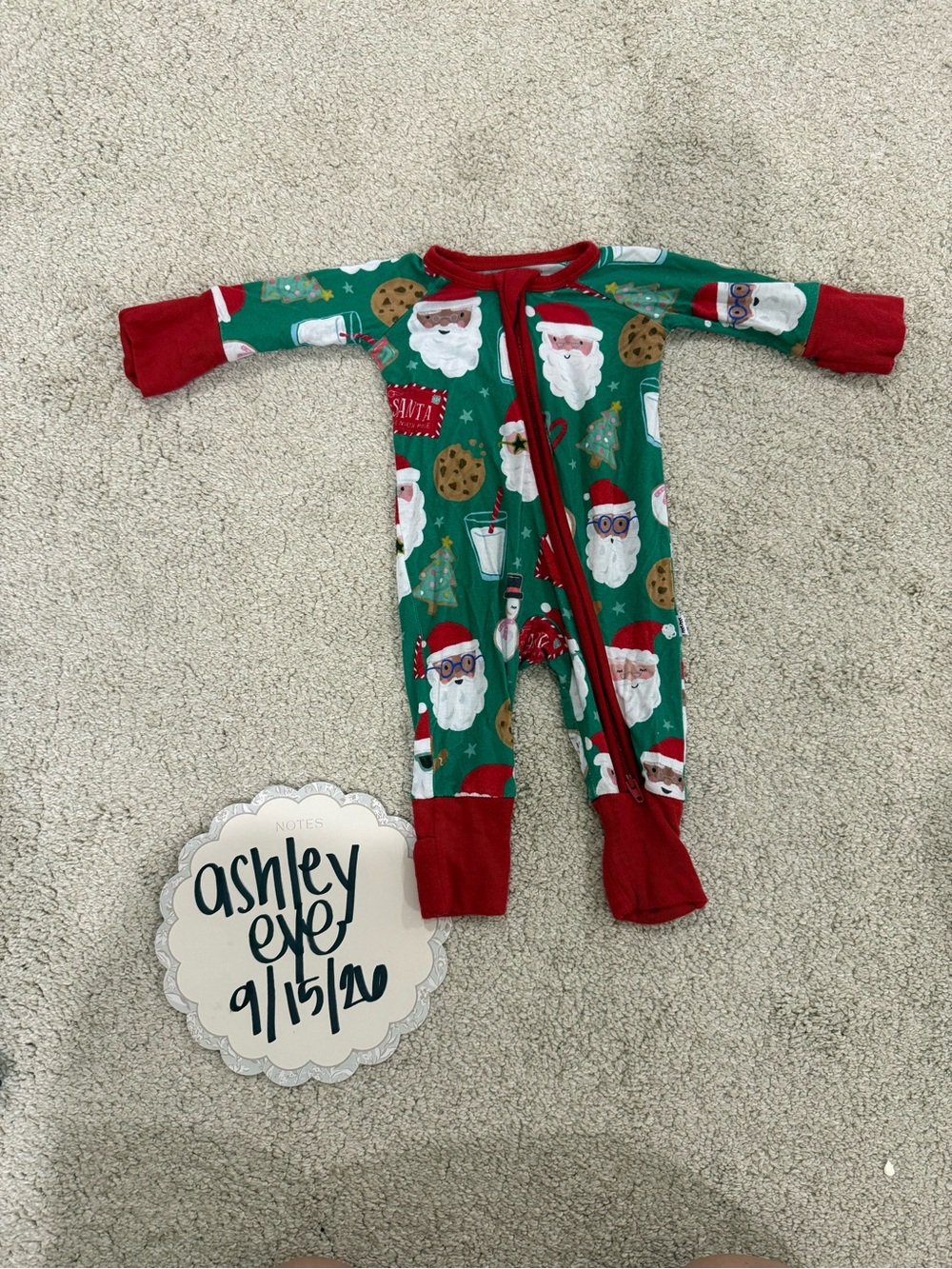 Little Sleepies Green Santa and Cookie Print Footed One-Piece with Red Trim